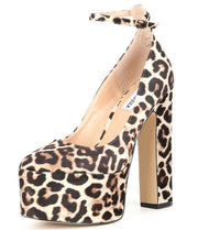 Steve Madden Skyrise Leopard Velvel Block Heel Almond Toe Ankle Strap Pumps