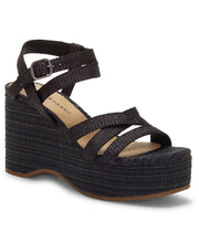 Lucky Brand Carlisha Raffia Sculpted Platform Wedge Sandal BLACK Denim