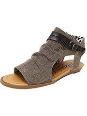 Blowfish Malibu Womens Blumoon Sandals, Mud Smokey Twill/Tobacco Faux Leather Strap, 7.5