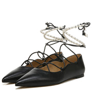 Sam Edelman Winslet Black Leather Lace-Up Pearl Beaded Pointed Toe Flats Shoes