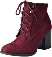 Soda Lurk-S Burgundy Block Heel Closed Rounded Toe Lace Up Ankle Combat Booties