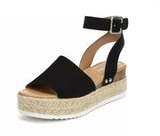 Soda Topic Black Casual Espadrilles Trim Rubber Sole Flatform Wedge Buckle Ankle Strap Open Toe Sandals