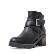 Steve Madden Vanessah Black Buckle Closure Rounded Toe Moto-Inspired Boots