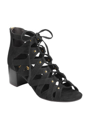Aerosoles Black Stacked Heel Strappy Gladiator Cutouts Lace Up Zip Back Sandals