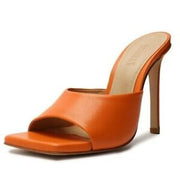 Schutz Kate Bright Tangerine Slip On Open Square Toe Stiletto High Heel Sandals