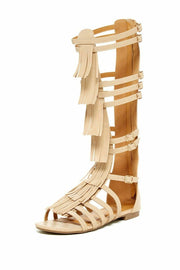 West Blvd Nairobi Nude Leather Flat Open Toe Knee High Gladiator Fringe Sandals