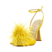 Sam Edelman Leon Ochre Satin Feather Pom Pom Detail Ankle Strap High Heel Sandal