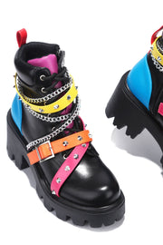 CAPE ROBBIN Stargate Multi Neon Strap Lug Sole Lace Up Moto Combat Booties (10, Neon)