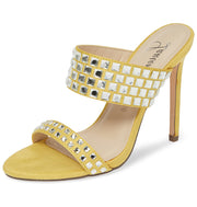 Lauren Lorraine Bing Yellow Open Toe High Heel Dress Mule Rhinestone Sandals