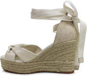 Cole Haan Cloudfeel Hampton Ivory Leather/Natural Canvas Wedge Heeled Sandals