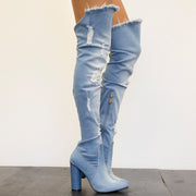 Cape Robbin Paw-42 Thigh High Over Knee Vintage Denim Block Heel Boot