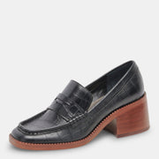 Dolce Vita Talie Noir Embossed Leather Squared Toe Slip On Block Heeled Loafers