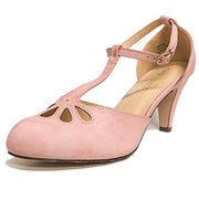 Chase & Chloe Kimmy-36 Rose Pink PU Teardrop Cut Out T-Strap Mid Heel Dress Pump