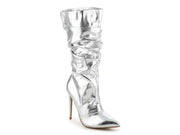 Liliana Xaya-19 Silver Metallic Slouchy Stiletto Mid Calf Pointed Toe Boots