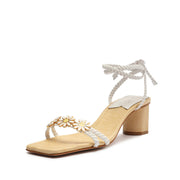 Schutz Hina Mid White Braided Details Lace Up Open Toe Mid Block Heel Sandals