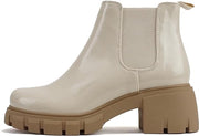 Soda Pioneer Bone Patent Lug Sole Mid Heel Gore Chelsea Fashion Ankle Booties