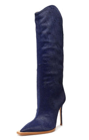 Schutz Maryana Welt Wild Blue Pull On Pointed Toe High Stiletto Heel Tall Boots