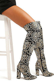 Lauren Lorraine Renni Black Embellished Over the Knee Block Heel Fashion Boots