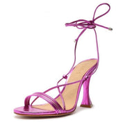 Schutz Arceli Bright Violet Metallic Lace Up Open Toe Flared Heel Tie Up Sandals
