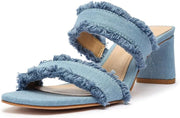 Schutz Amely Mid Block Summer Jeans Double Strap Slip On Open Toe Heel Sandals