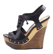 Schutz Masion Black leather High Platform Wood Wedge Tie Up Sandals Pumps