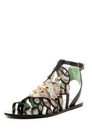 Ivy Kirzhner Scrabby Jade Pearl Mamba Leather Embellished Gladiator Flat Sandals