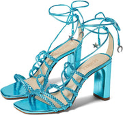 Schutz Lunah Turquesa Multistraps Lace Up Open Toe Block High Heel Sandals