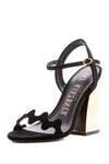 Ivy Kirzhner Lush Black Suede Wavy Squiggly-Cut Two Piece Gold Block Heel Sandal