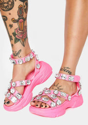 Cape Robbin Statement Chunky Block Heel Jeweled Platform Sneaker Sandals Pink