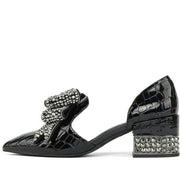 Jeffrey Campbell Valenti Black Croc Patent Pewter Bow Loafer Pointed Toe Pumps