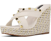 Nine West Pipa 3 White Slip On Rounded Toe Multi Strap Embellished Wedge Sandals