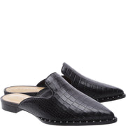 Schutz Tae Black Croco Leather Flat Pointy Toe Mule Slide Sandals