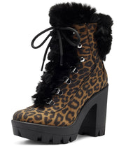 Jessica Simpson Mikah Leopard Pull-on Hiker Block Heel Lace up Combat Booties