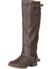Breckelle Outlaw-11 New Women Leatherette Buckle High Brown Boot