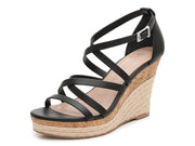 Charles David LEAWOOD Black Leather Espadrille Cork Wedge Heeled Platform Sandal