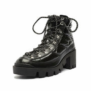 Schutz Keilane Nappa Nylon Black Rounded Toe Lace Up Lug-Soled Hiking Heel Boots