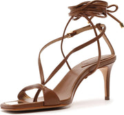 Schutz Vikki Lo Brown Ankle Strap Lace up Open Toe Stiletto Mid Heel Sandals