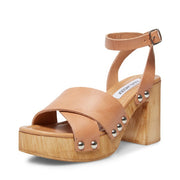 Steve Madden Masha Tan Leather Dress Open Clog Wood Platfrom Open Toe Sandals