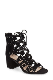 Jessica Simpson Haize Black Suede Grommet Covered Block Heel Ankle Caged Sandal