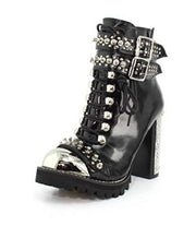 Jeffrey Campbell Scorpius Black Box Silver Lace Up Buckled Block Heeled Booties