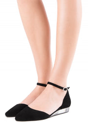 Jeffrey Campbell Honesty Black Wedge Pointed Toe Ankle Strap Clear Wedge Flat