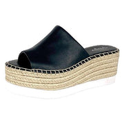 Charles David Sporty Black Espadrille Wedges Platform Slip On Leather Mule