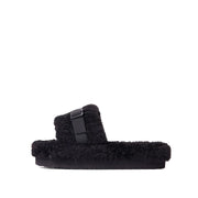 Luxemoda Womens Buzzing Black Buckle Detail Flatform Slider Faux Fur Sandals