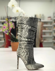 Liliana Xaya Grey Snake Slouchy High Heel Stletto Dress Mid Calf Boot