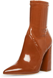 Steve Madden Slade Cognac Patent Pointed Toe HIgh Block Heel Fitted Booties