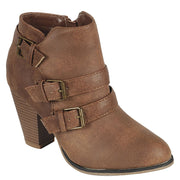 Forever Link Camila-64 Tan Fashion Buckle Strap Block Heel Ankle Booties