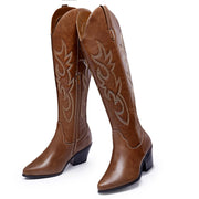 Brown Cowboy Brown Western Chunky Pointed Toe Zip Knee Platform Knee Boots