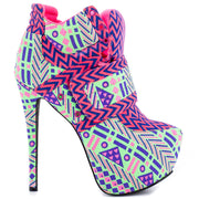 Privileged Swag Lime Multi Pink Print Lace Up Platform Super High Sexy Bootie (8)
