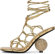 Jeffrey Campbell Le-Freak Gold Metallic Snake Tie Up Circular Heeled Sandals