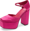 Jeffrey Campbell Ovr-N-Out Fuchsia Satin Square-Toe Ankle Strap Platform Pumps